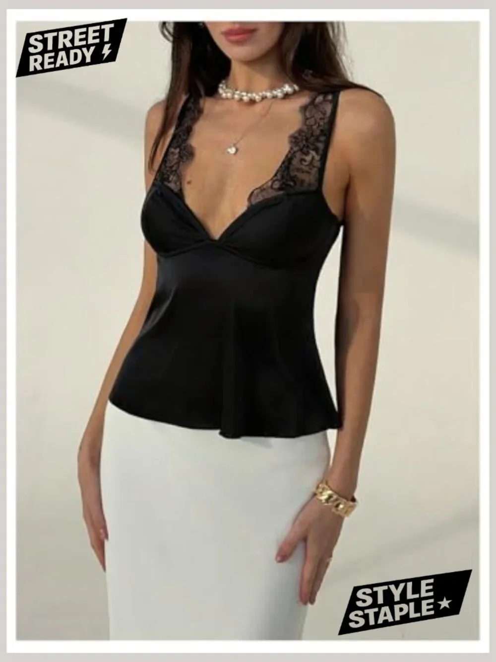 Satin Lace Deep V Neck Sleeveless Camisole Tank Top - Picture 2 of 5